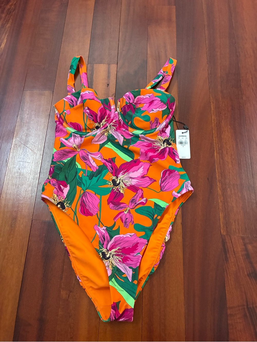 Express Orange One-Piece Swimsuit with Pink Floral Print